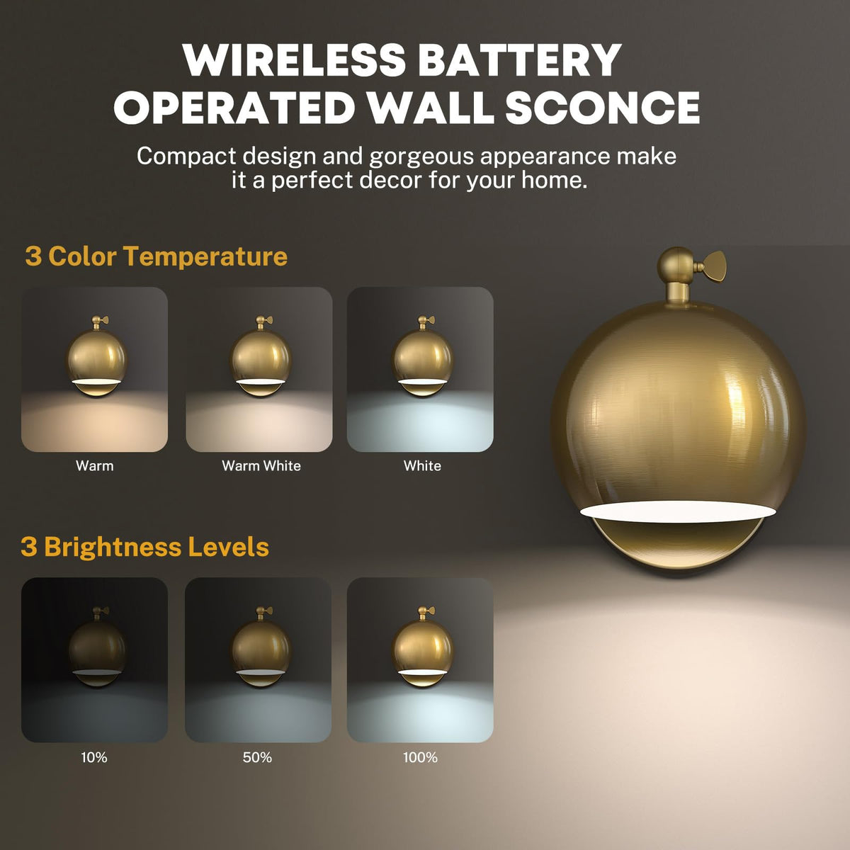 Battery Wall Sconce Set of 2 Globe Metal Shade Wireless Remote Control Dimmable Timer Bedside Bedroom