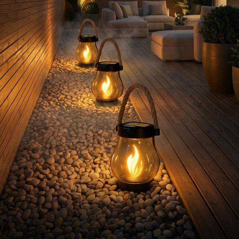 Solar Lantern Outdoor LED Flickering Flame Effect Rope Handle Dusk to Dawn Garden Patio Path