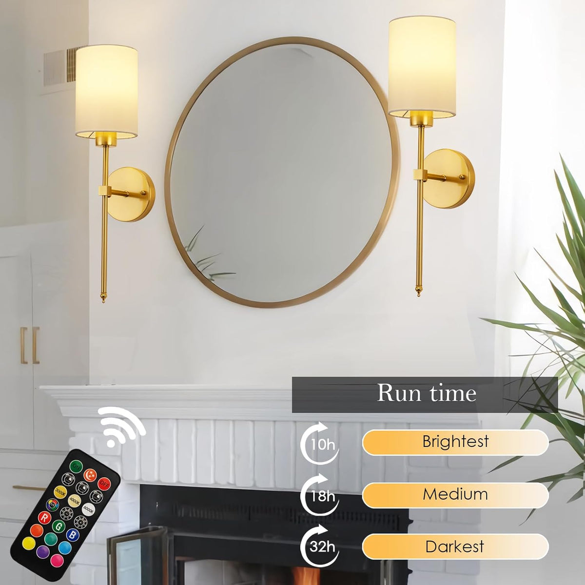 Battery Wall Sconce Set of 2 Cylinder Fabric Shade Rechargeable RGB Remote Timer Dimmable Dining Room