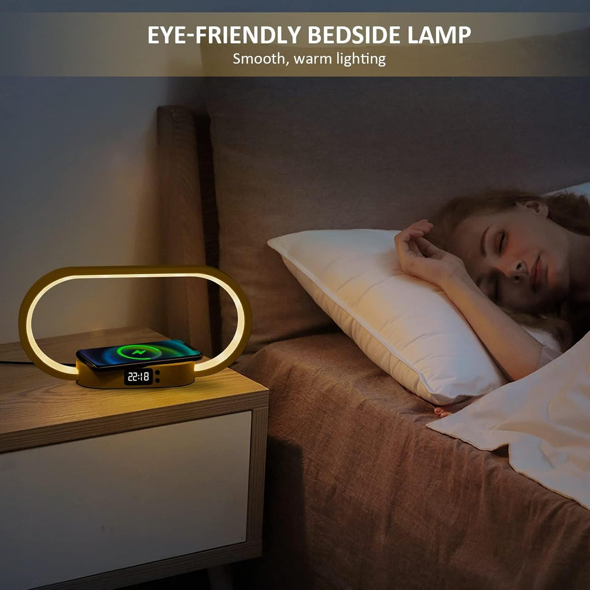 Wireless Charging Lamp Bedside Table Lamp Digital Clock LED Dimmable Wood Base USB