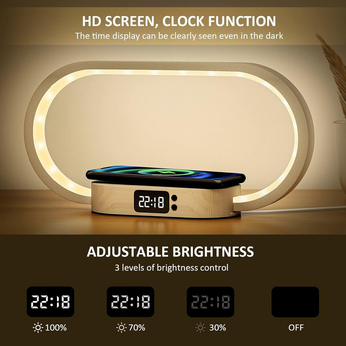Wireless Charging Lamp Bedside Table Lamp Digital Clock LED Dimmable Wood Base USB