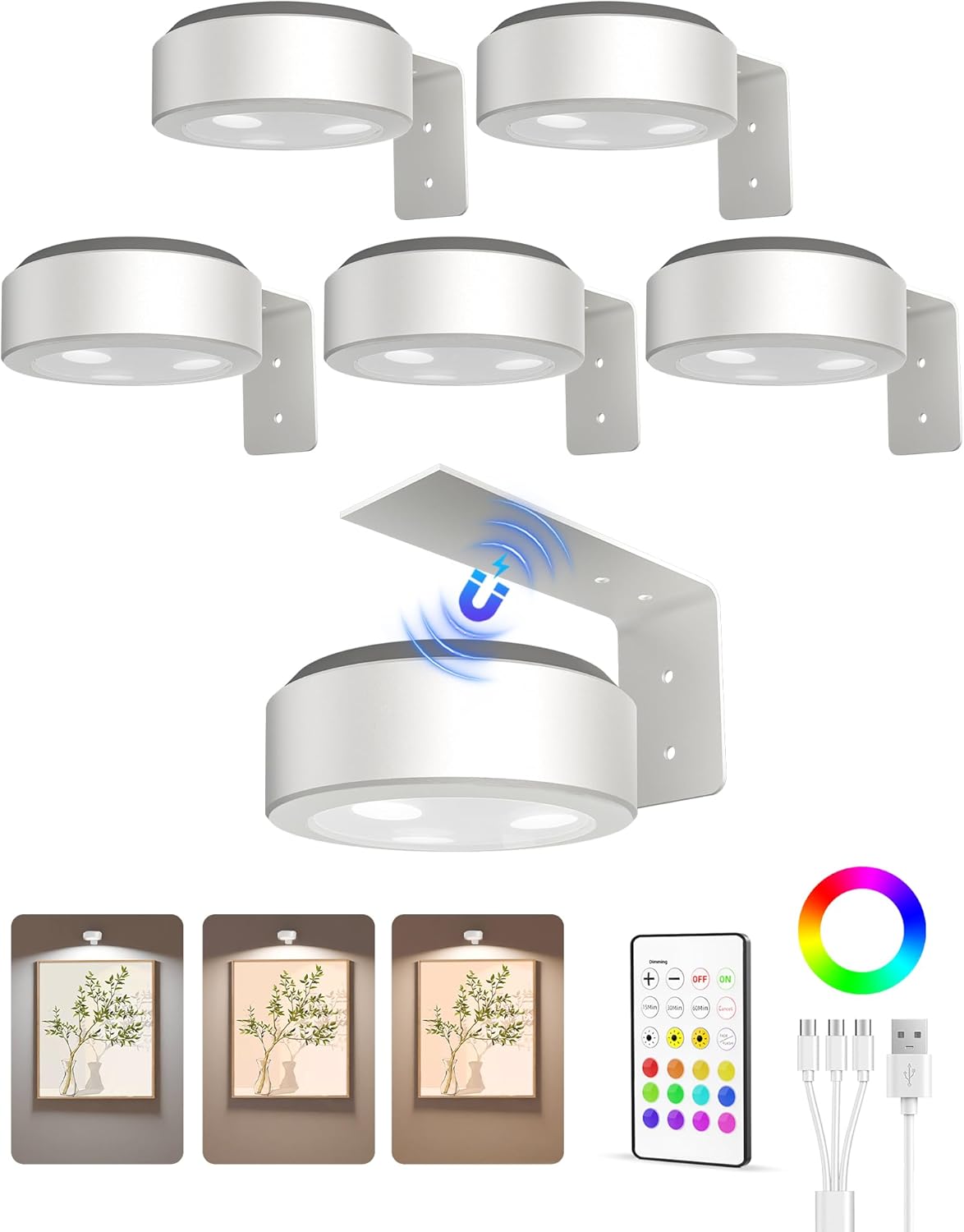 Picture Lights Wireless Puck LED Magnetic Bracket Rechargeable Remote Timer Dimmable Photo Frame Art