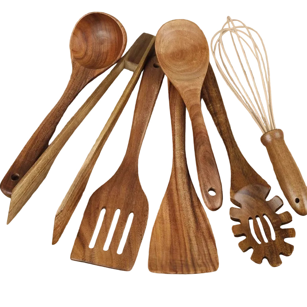 Wooden Kitchen Utensil Set Teak Wood Cooking Utensils 7 Piece Set
