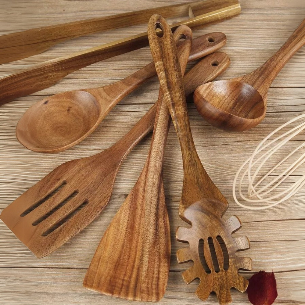 Wooden Kitchen Utensil Set Teak Wood Cooking Utensils 7 Piece Set