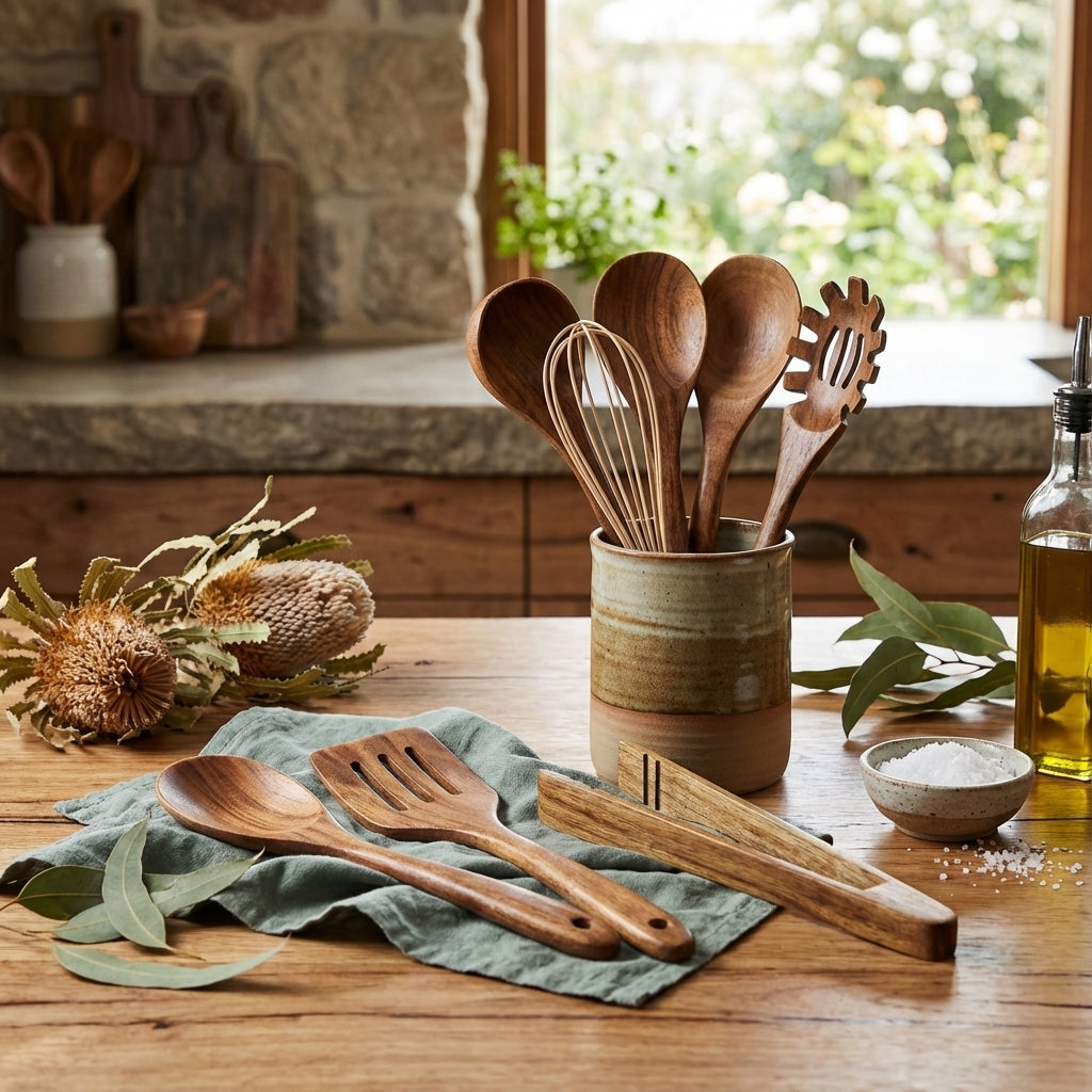 Wooden Kitchen Utensil Set Teak Wood Cooking Utensils 7 Piece Set