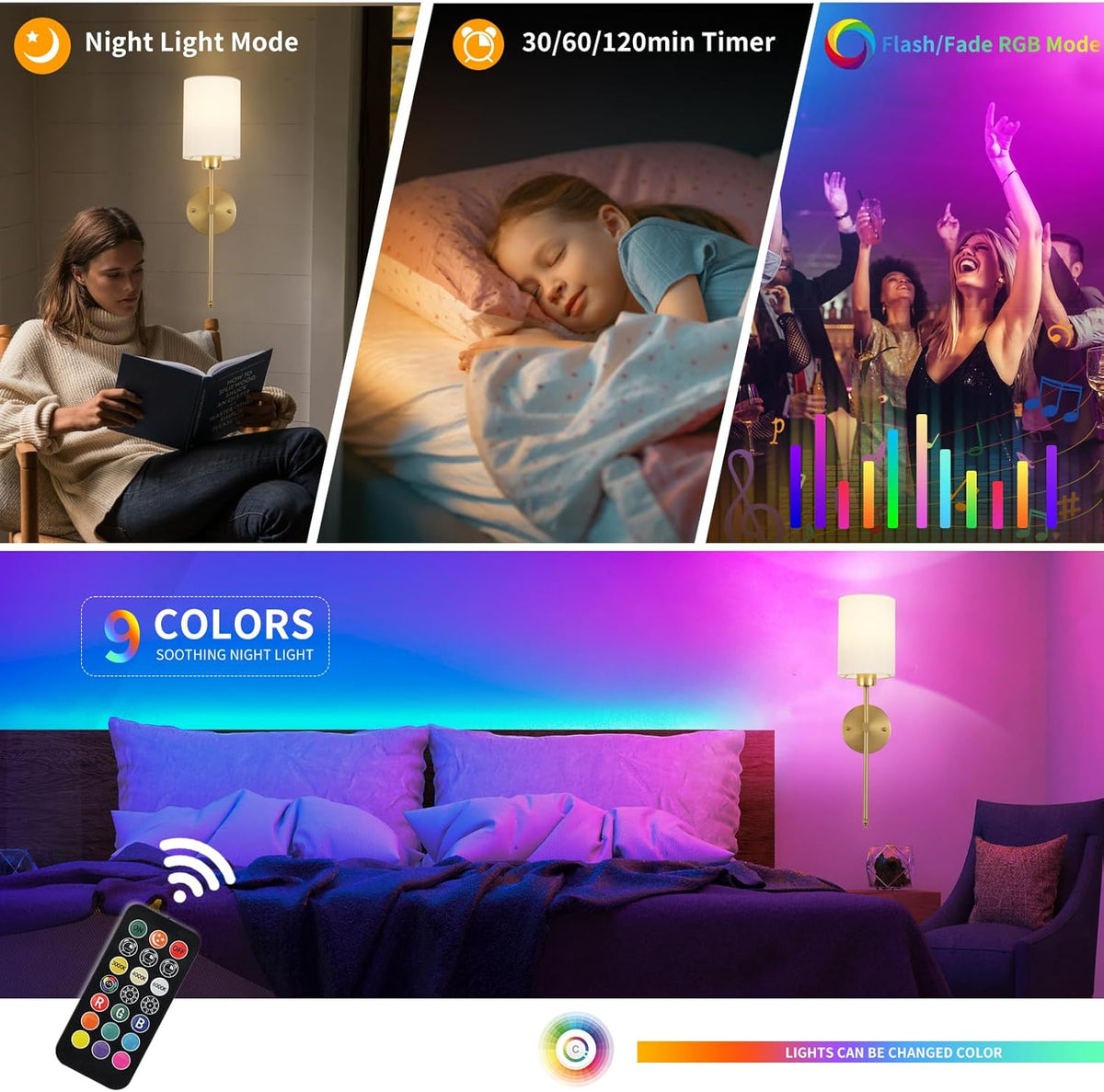 Battery Wall Sconce Set of 2 Cylinder Fabric Shade Rechargeable RGB Remote Timer Dimmable Dining Room