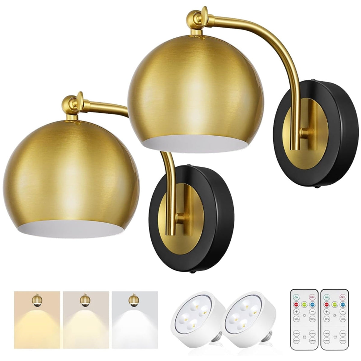 Battery Wall Sconce Set of 2 Globe Metal Shade Wireless Remote Control Dimmable Timer Bedside Bedroom