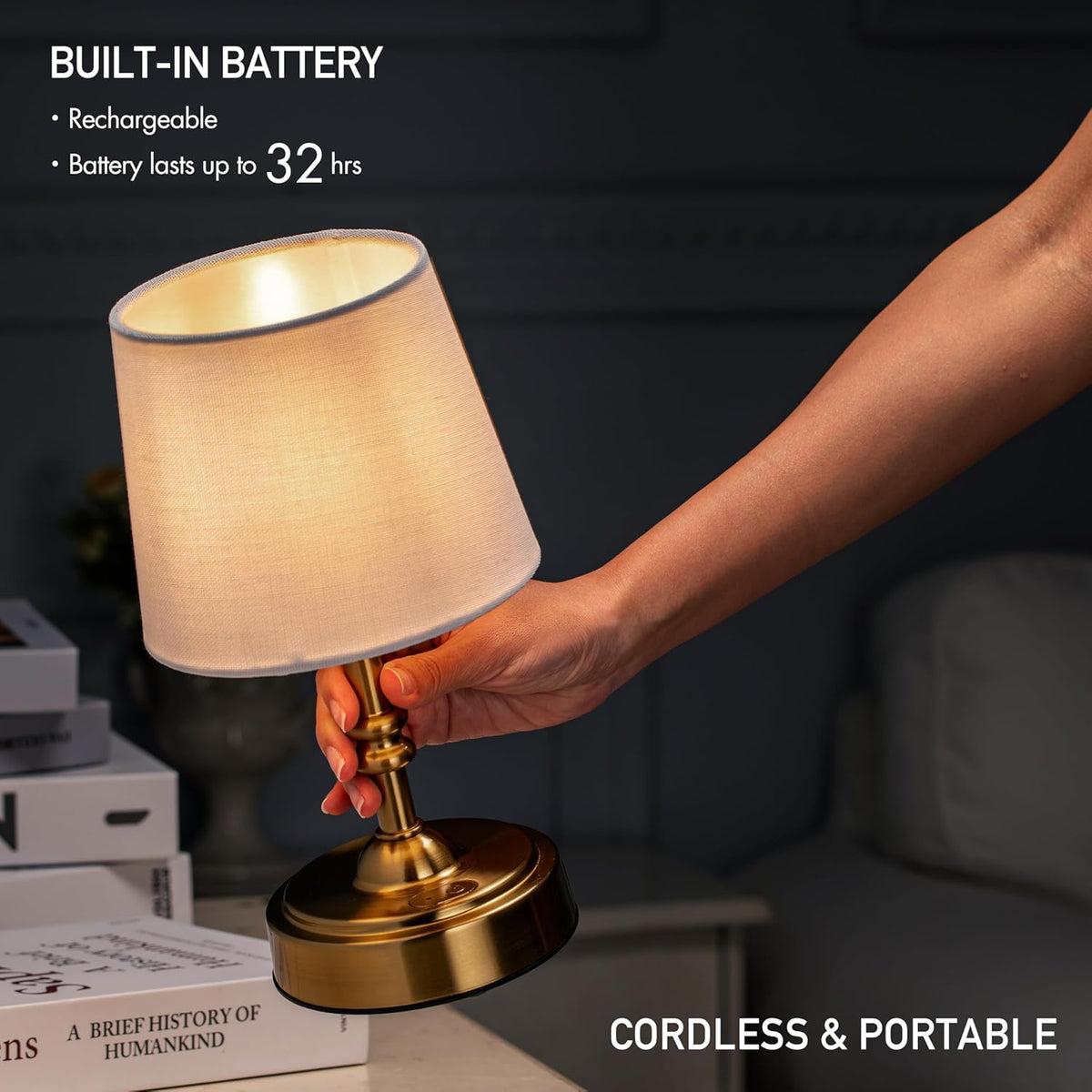 Bedside Lamp Cordless Rechargeable Mini Lampshade Classic Turned Stem USB Dimmable Bedroom Nightstand