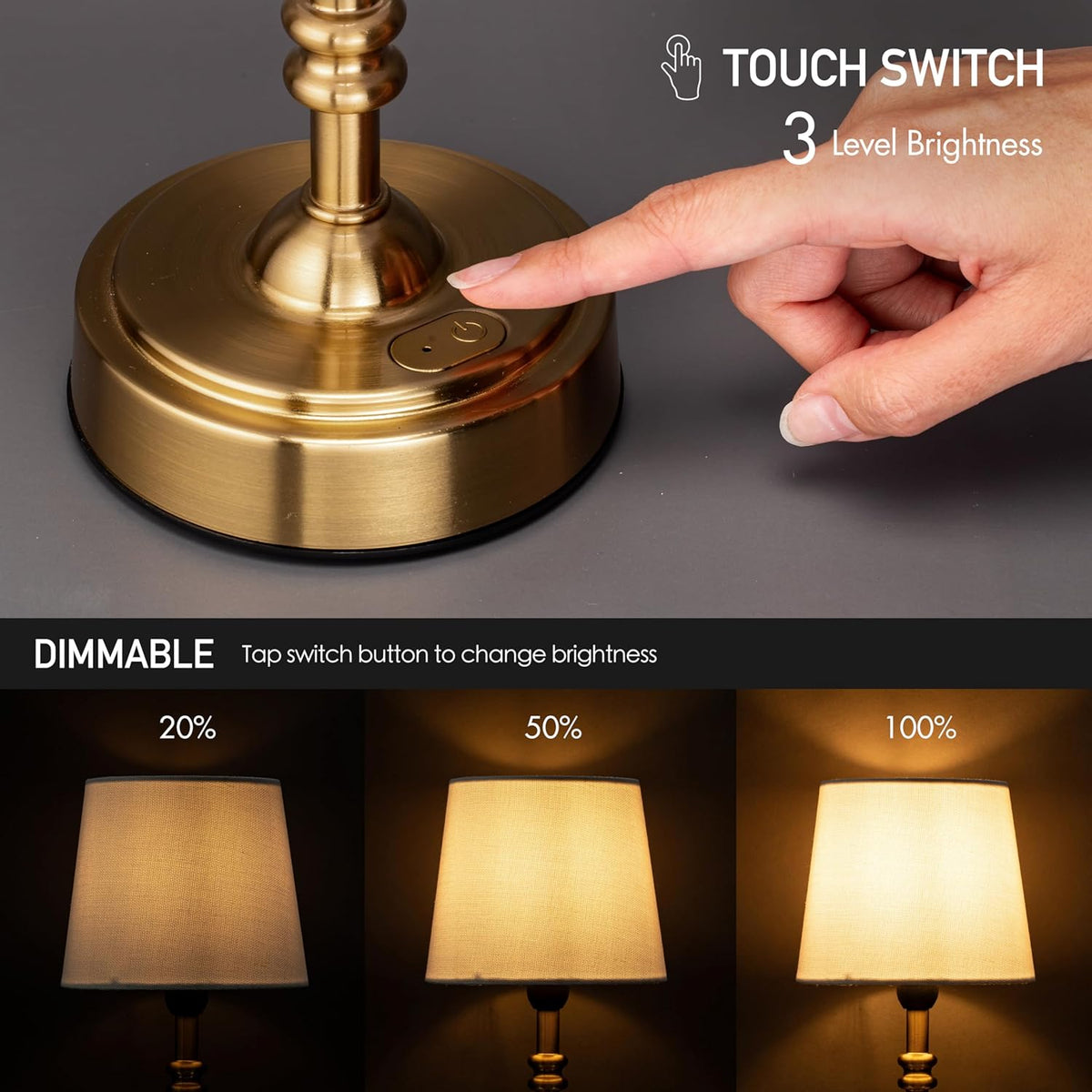 Bedside Lamp Cordless Rechargeable Mini Lampshade Classic Turned Stem USB Dimmable Bedroom Nightstand