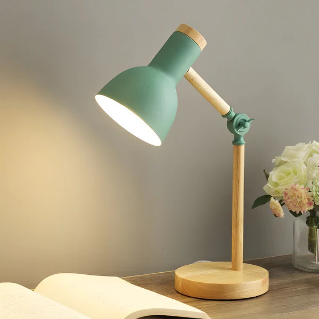 Adjustable Table Lamp Wood Arm and Iron Shade E27 LED
