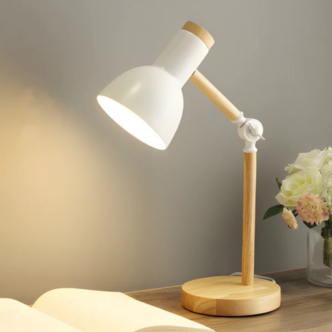 Adjustable Table Lamp Wood Arm and Iron Shade E27 LED