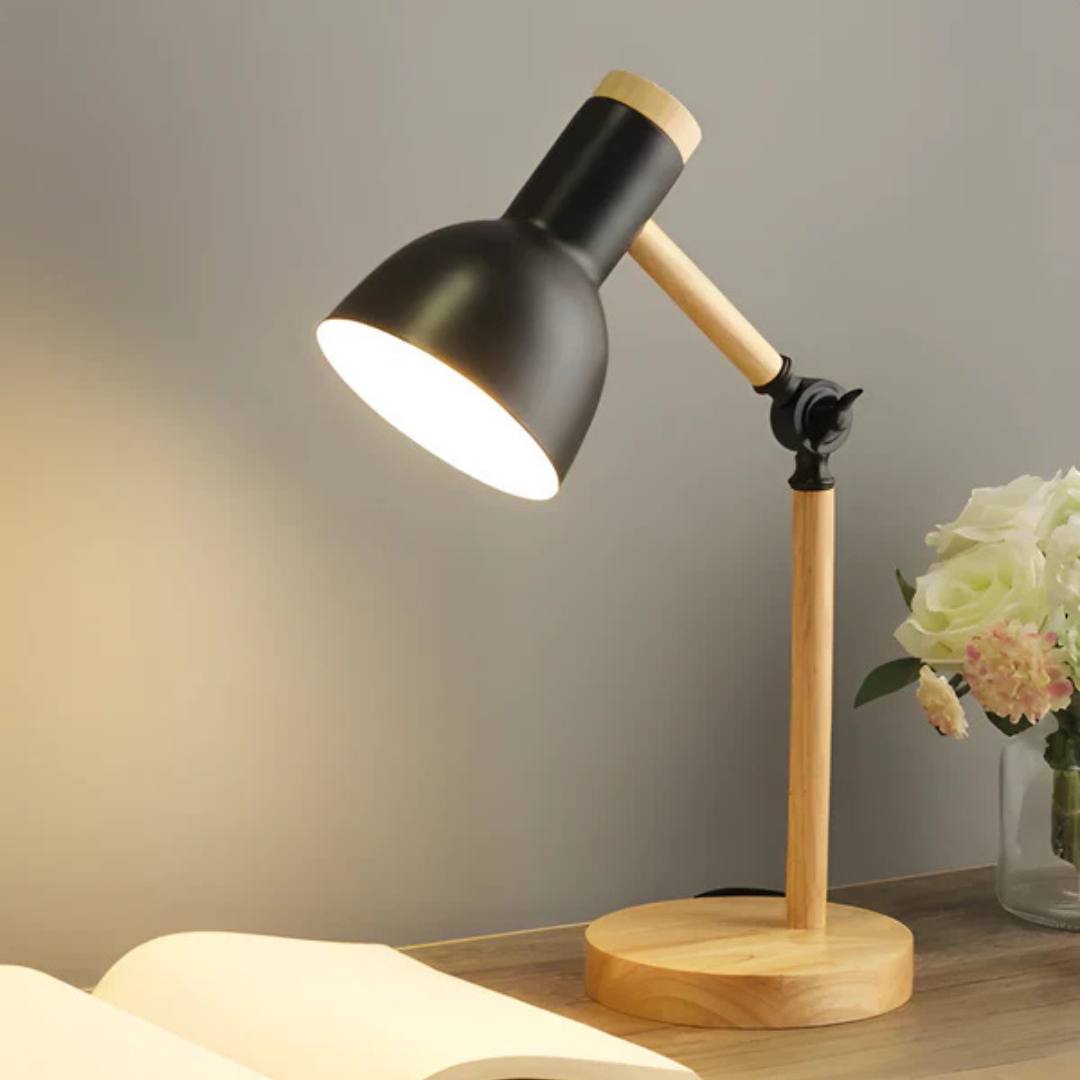 Adjustable Table Lamp Wood Arm and Iron Shade E27 LED