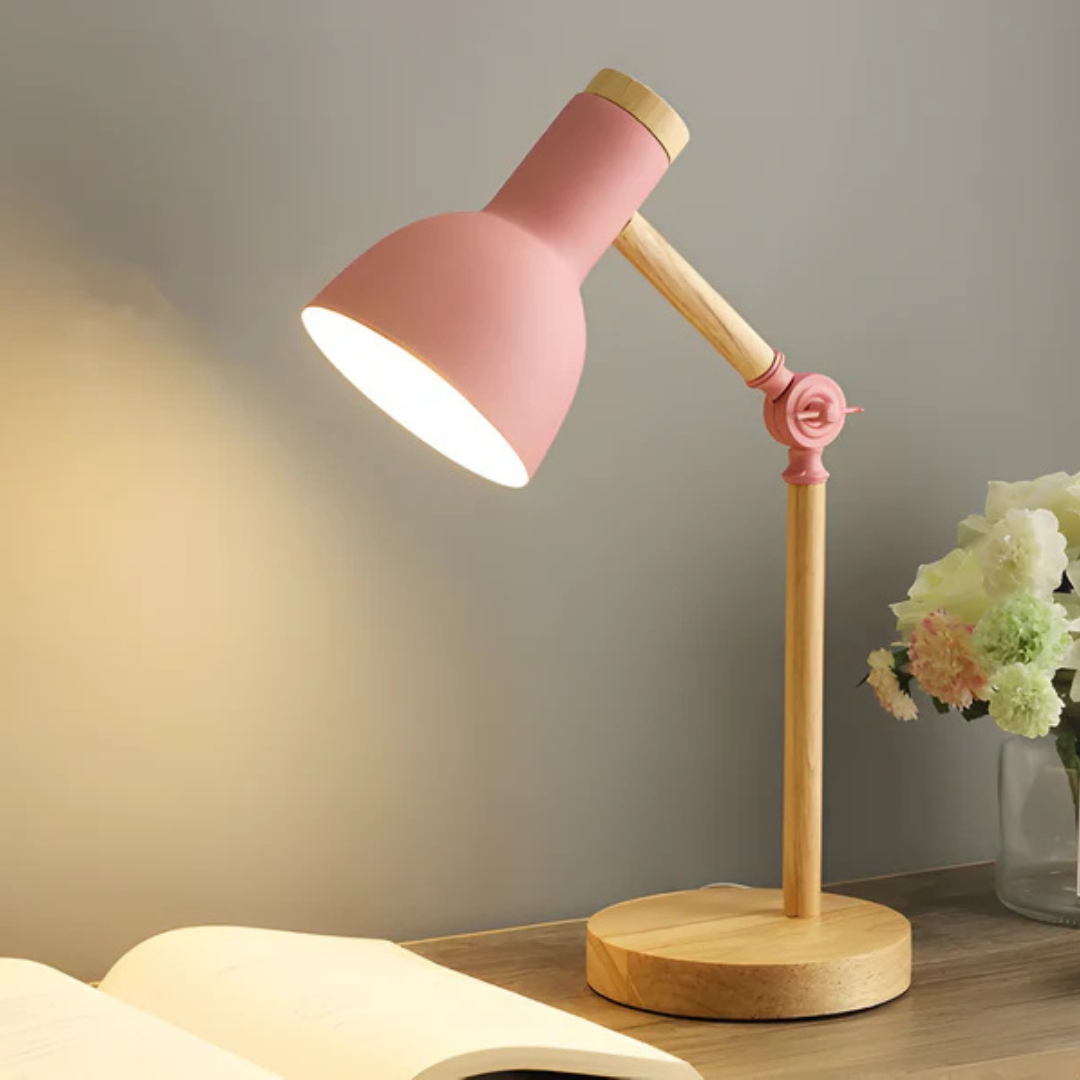 Adjustable Table Lamp Wood Arm and Iron Shade E27 LED