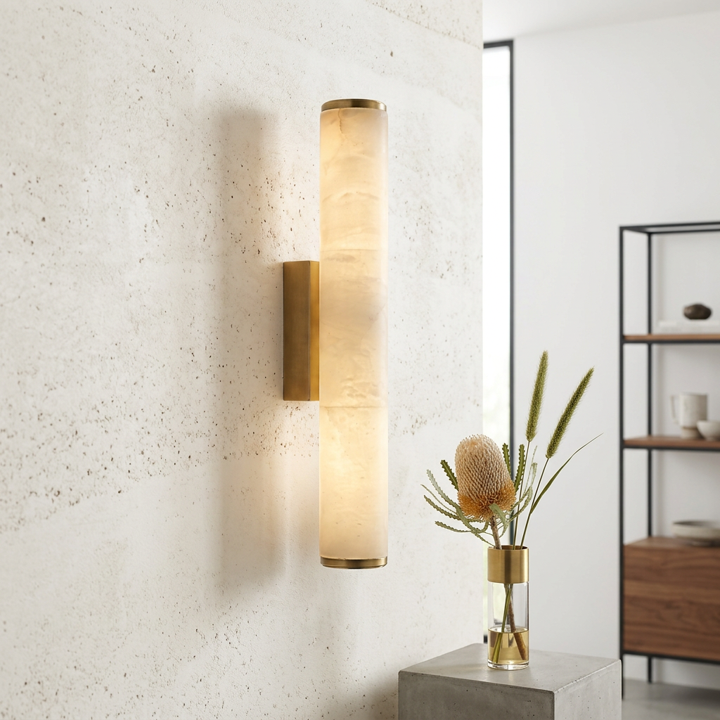Alabaster Cylinder Brass Wall Light