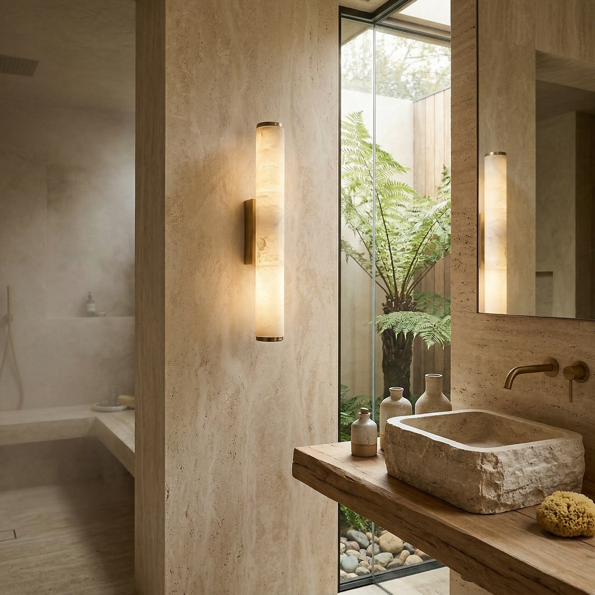 Alabaster Cylinder Brass Wall Light