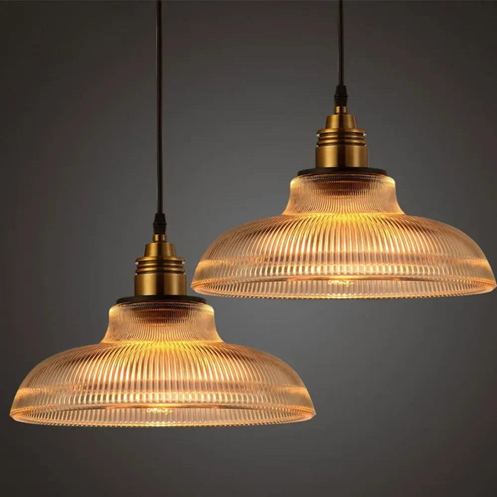 Glass Pendant Light Ribbed Dome Shade Vintage Scandinavian Kitchen Island Dining Room
