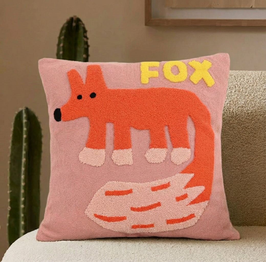 Animal Tufted Cushion Cover with Embroidered Design