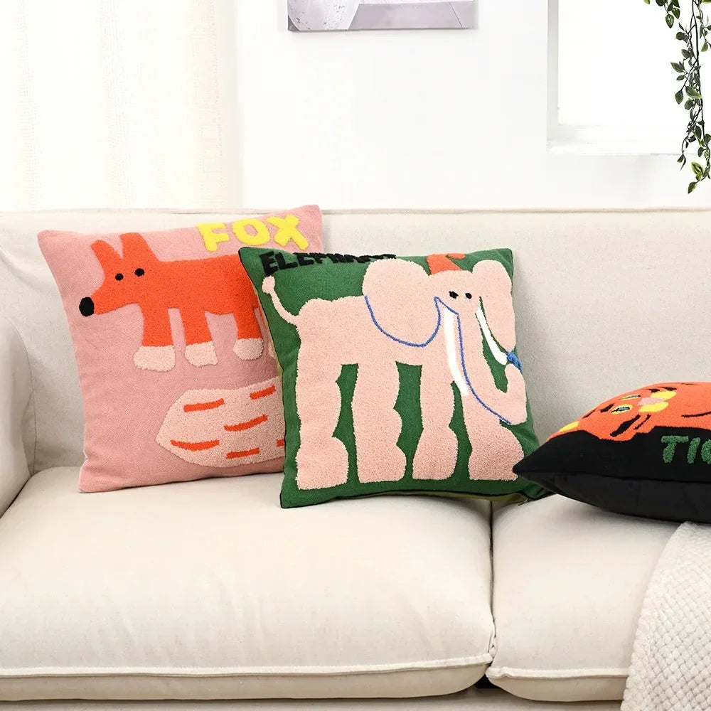 Animal Tufted Cushion Cover with Embroidered Design