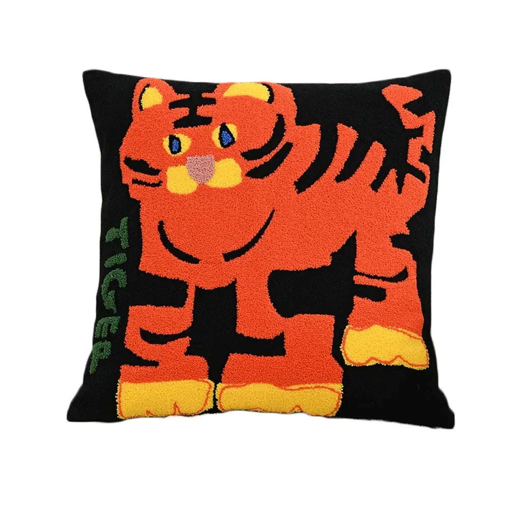 Animal Tufted Cushion Cover with Embroidered Design