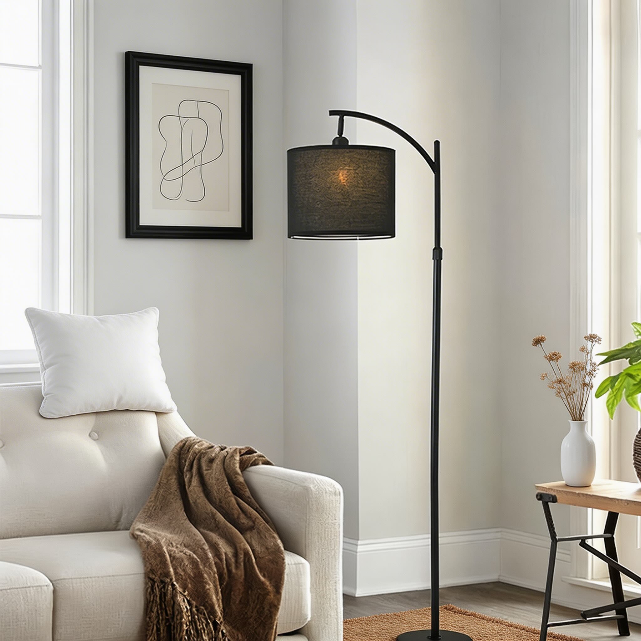 Arc Floor Lamp with Fabric Drum Shade