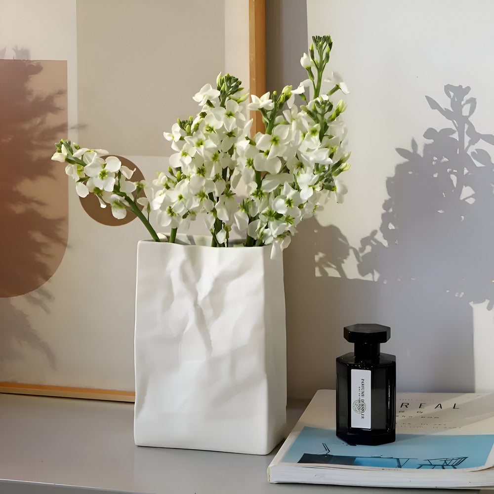 Ceramic Flower Vase with Crumpled Paper Design
