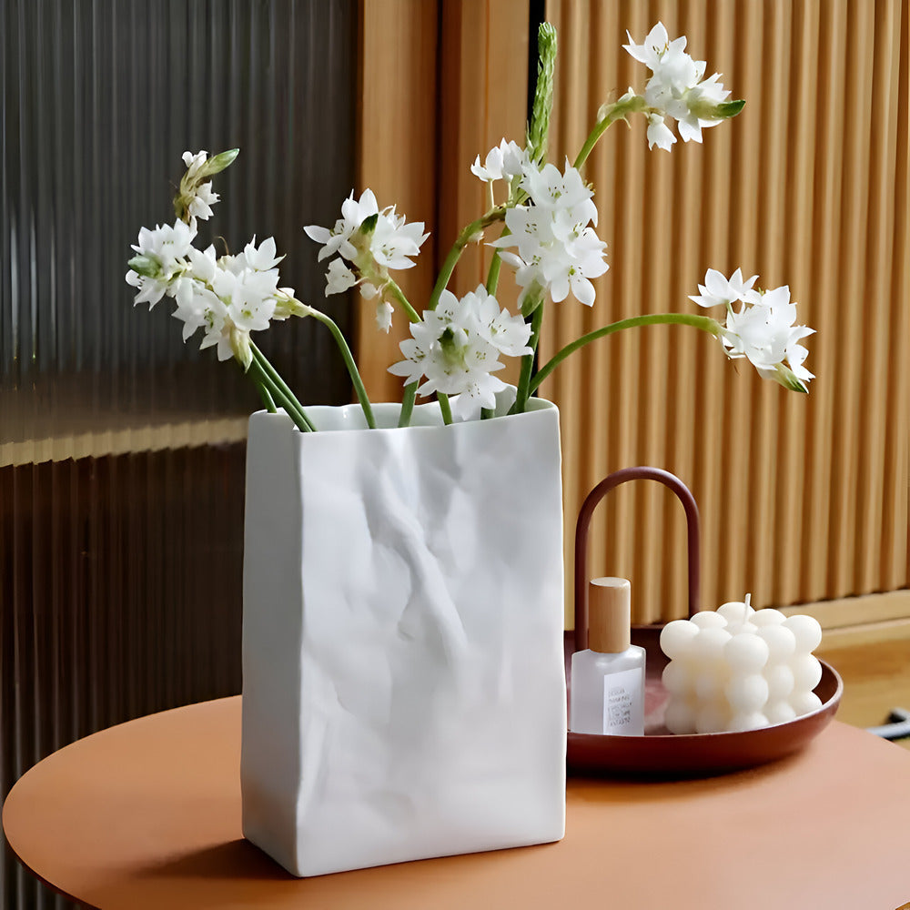 Ceramic Flower Vase with Crumpled Paper Design