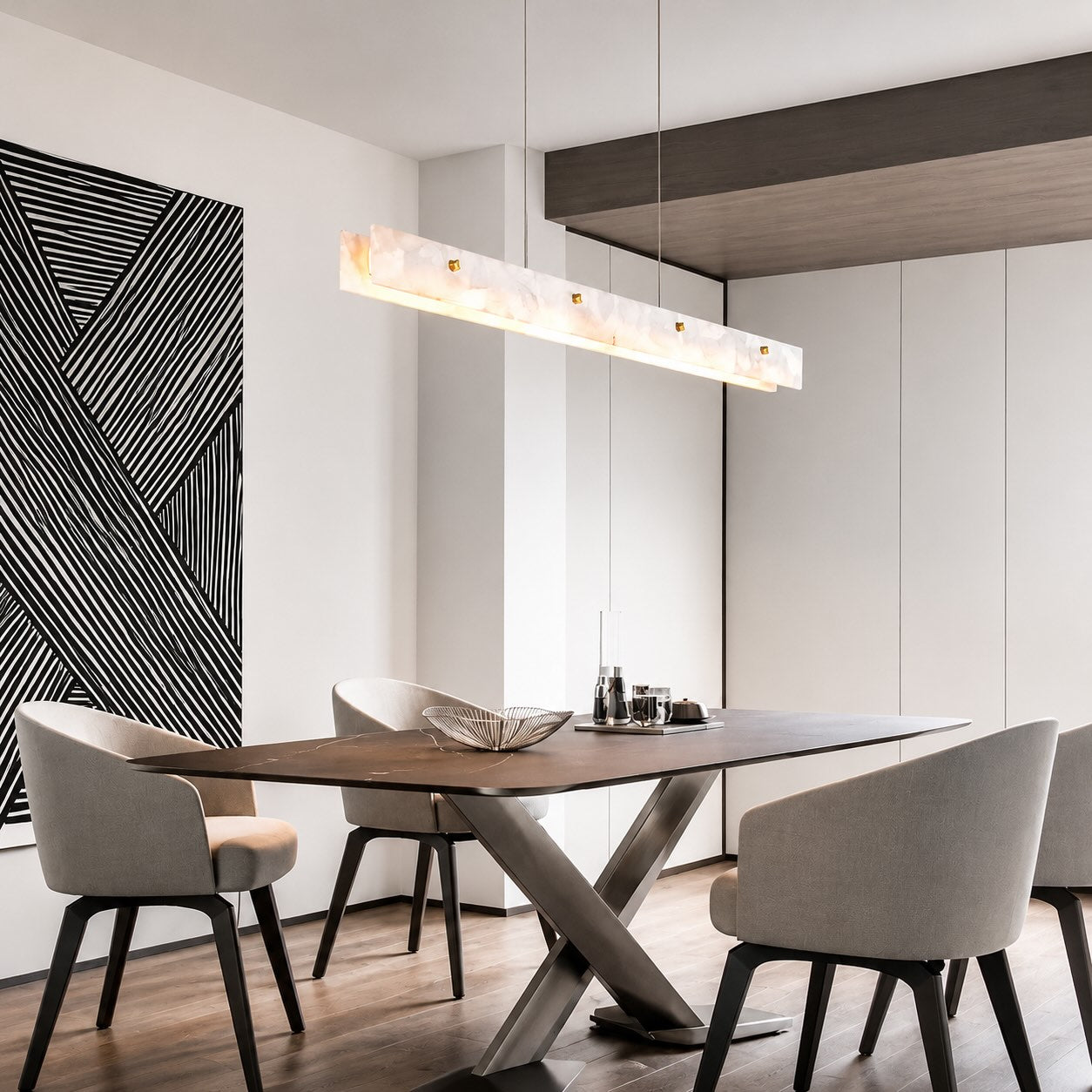 Marble and Steel Linear Pendant Light for Dining Rooms