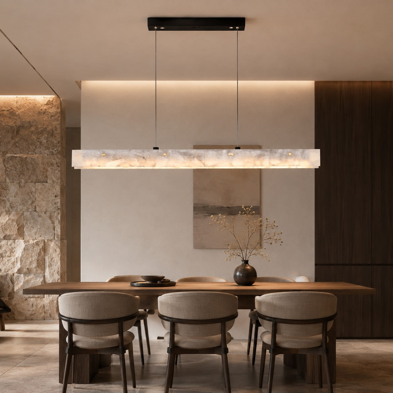 Marble and Steel Linear Pendant Light for Dining Rooms