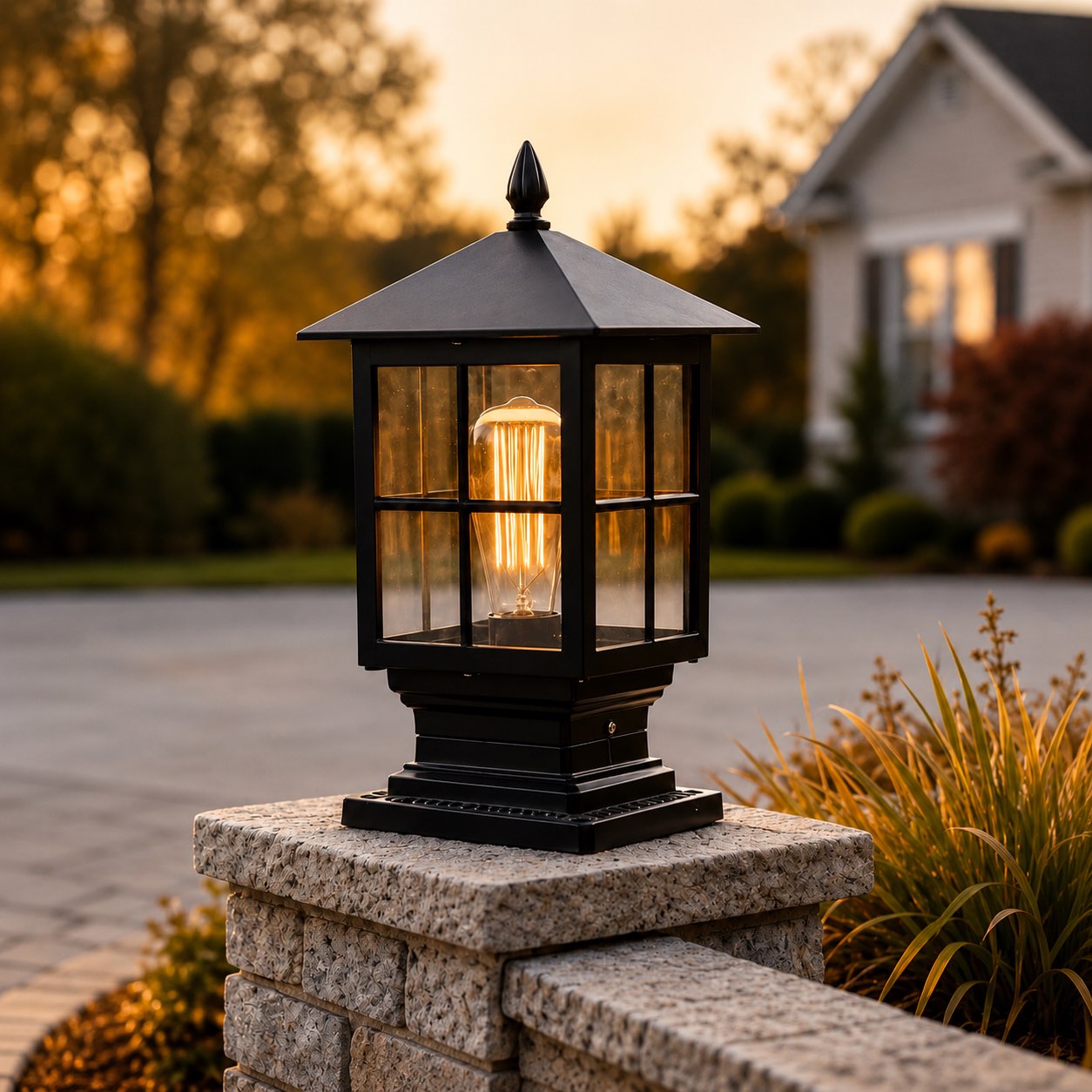 Traditional Outdoor Pillar Light with Glass Shade and LED