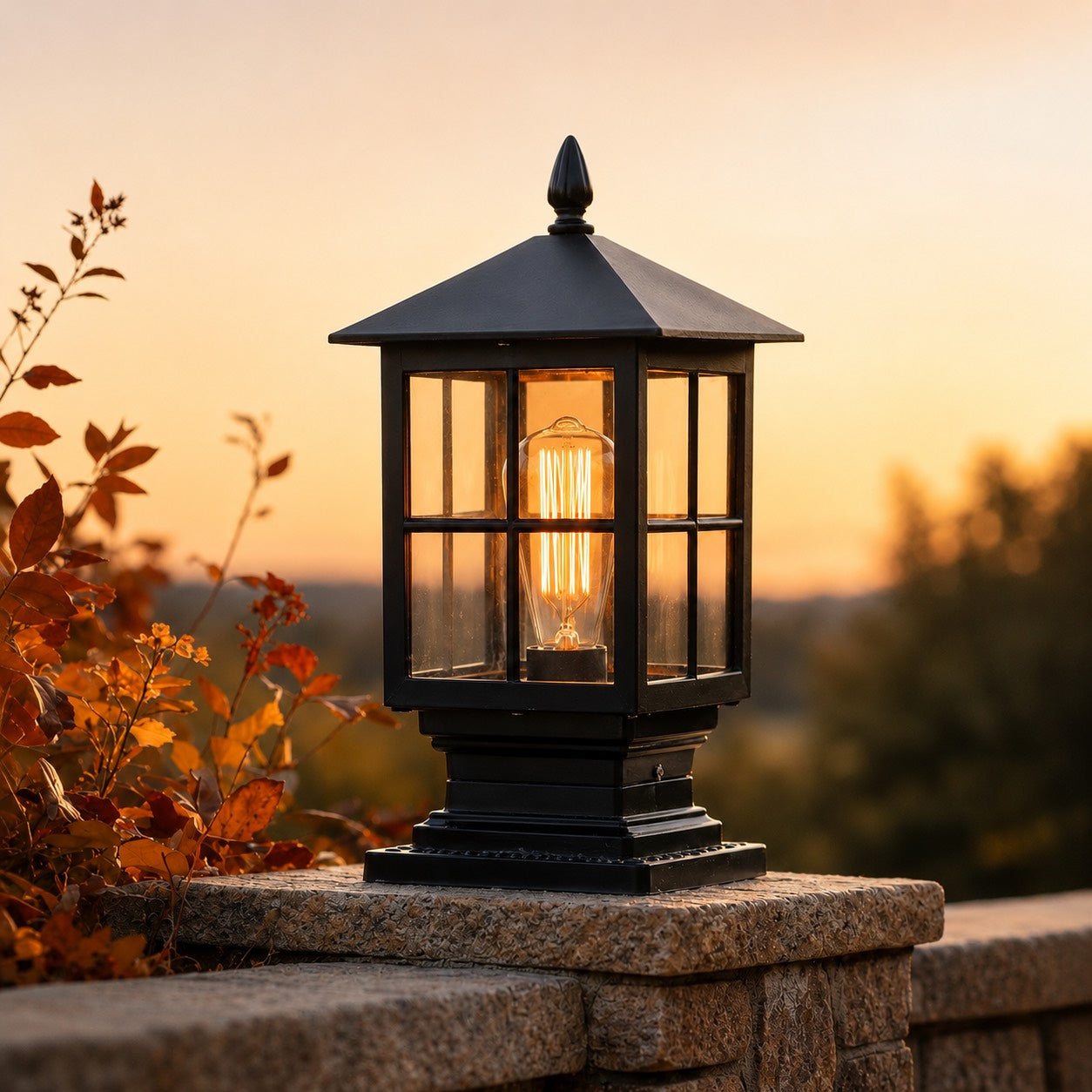 Traditional Outdoor Pillar Light with Glass Shade and LED