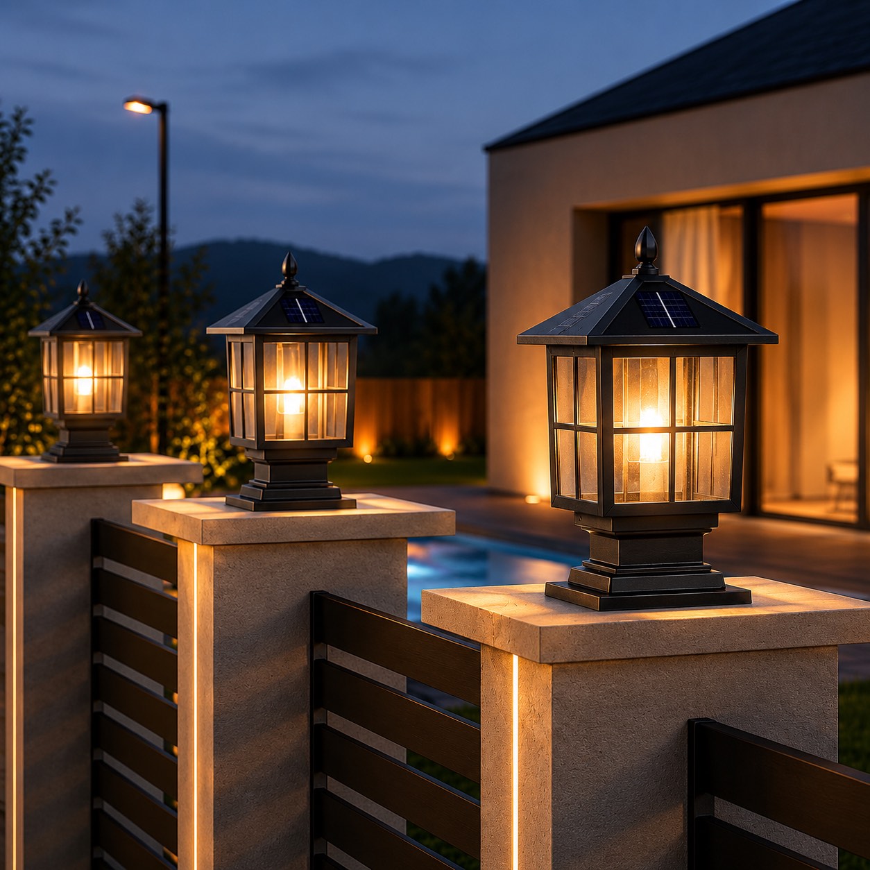 Traditional Outdoor Pillar Light with Glass Shade and LED