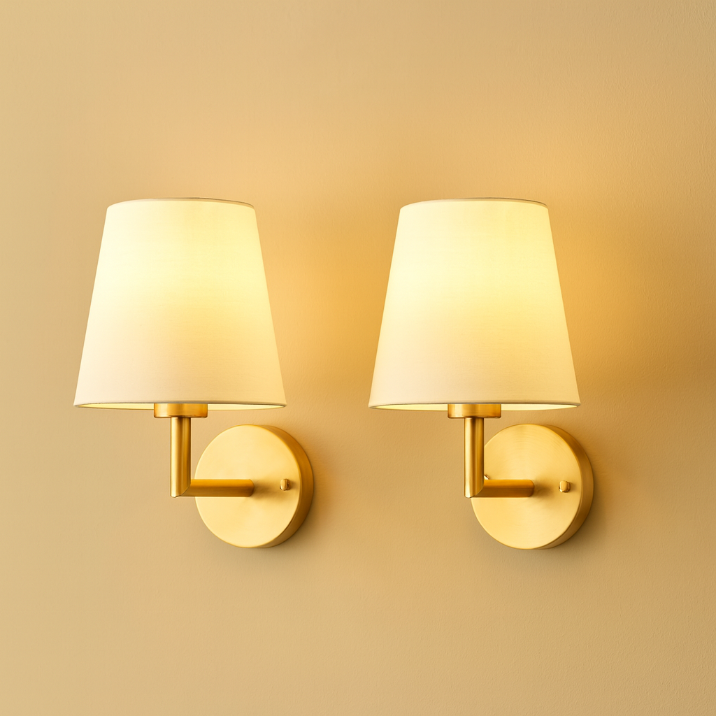 Battery Powered Wall Light Set of 2 Fabric Shade Iron Frame Rechargeable Remote Dimmable Bedroom