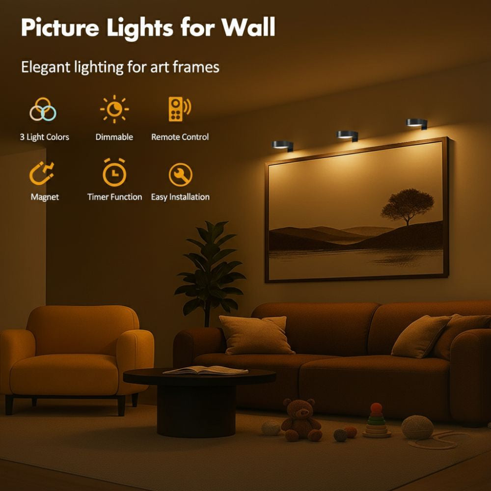 Picture Lights Wireless Puck LED Magnetic Bracket Rechargeable Remote Timer Dimmable Photo Frame Art