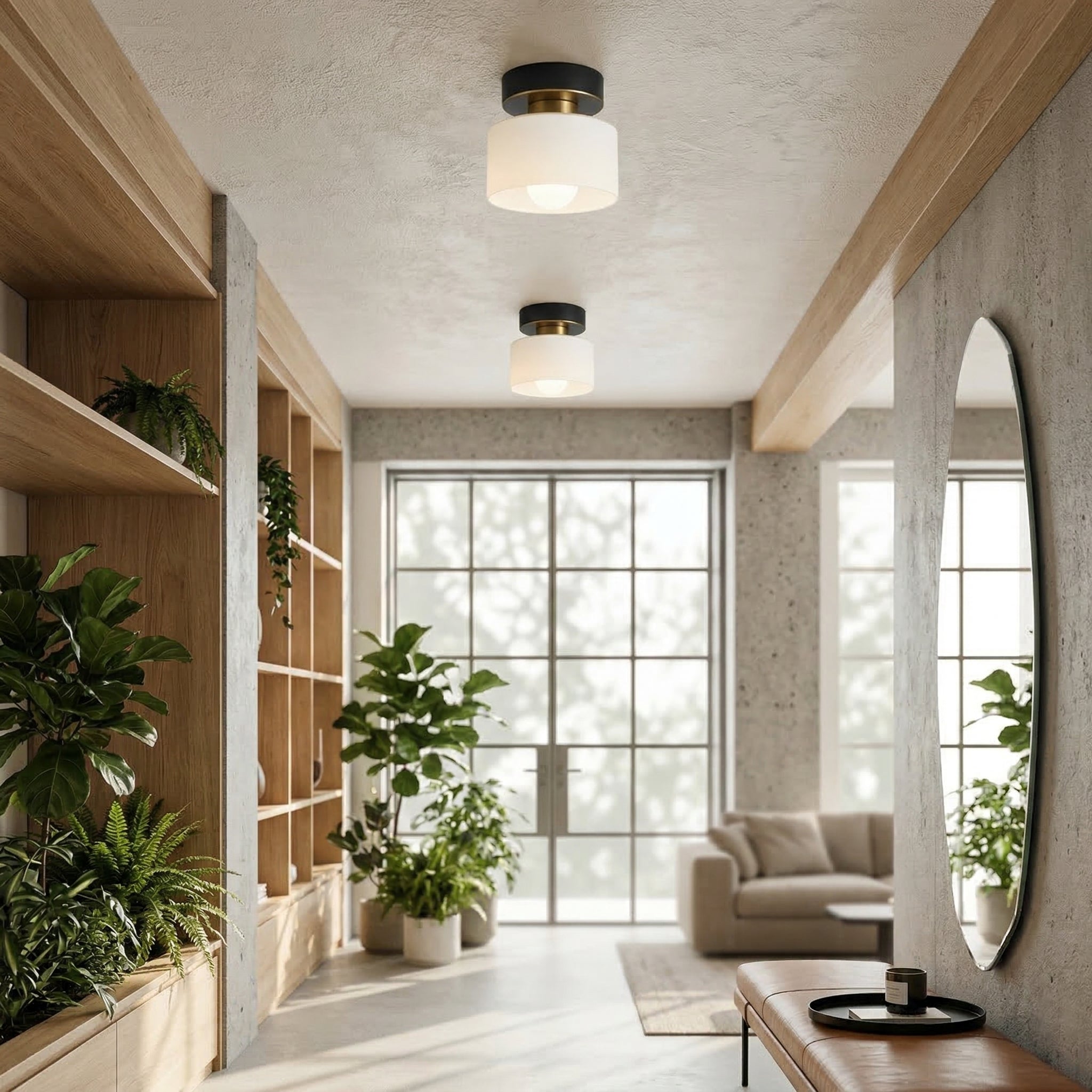 Frosted Glass Drum Shade Ceiling Light with Metal Base