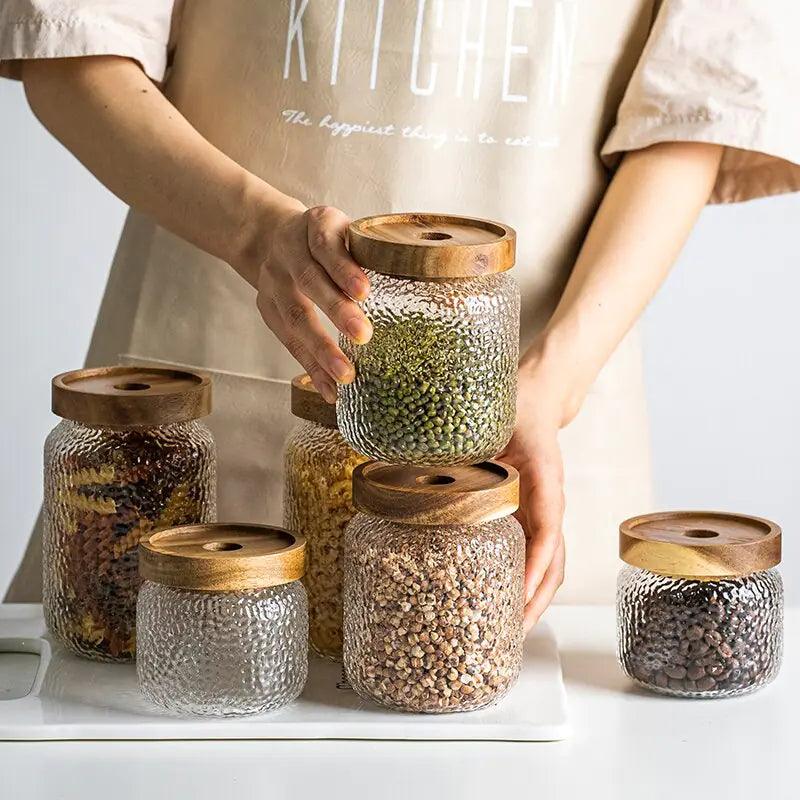 Airtight Glass Storage Jar Wooden Lid Food Storage Container
