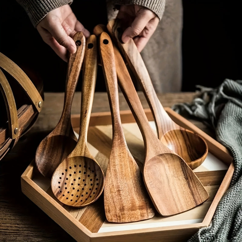 Kitchen Utensil Set Wooden 5 Piece Cooking Spoon Spatula Non Stick Safe