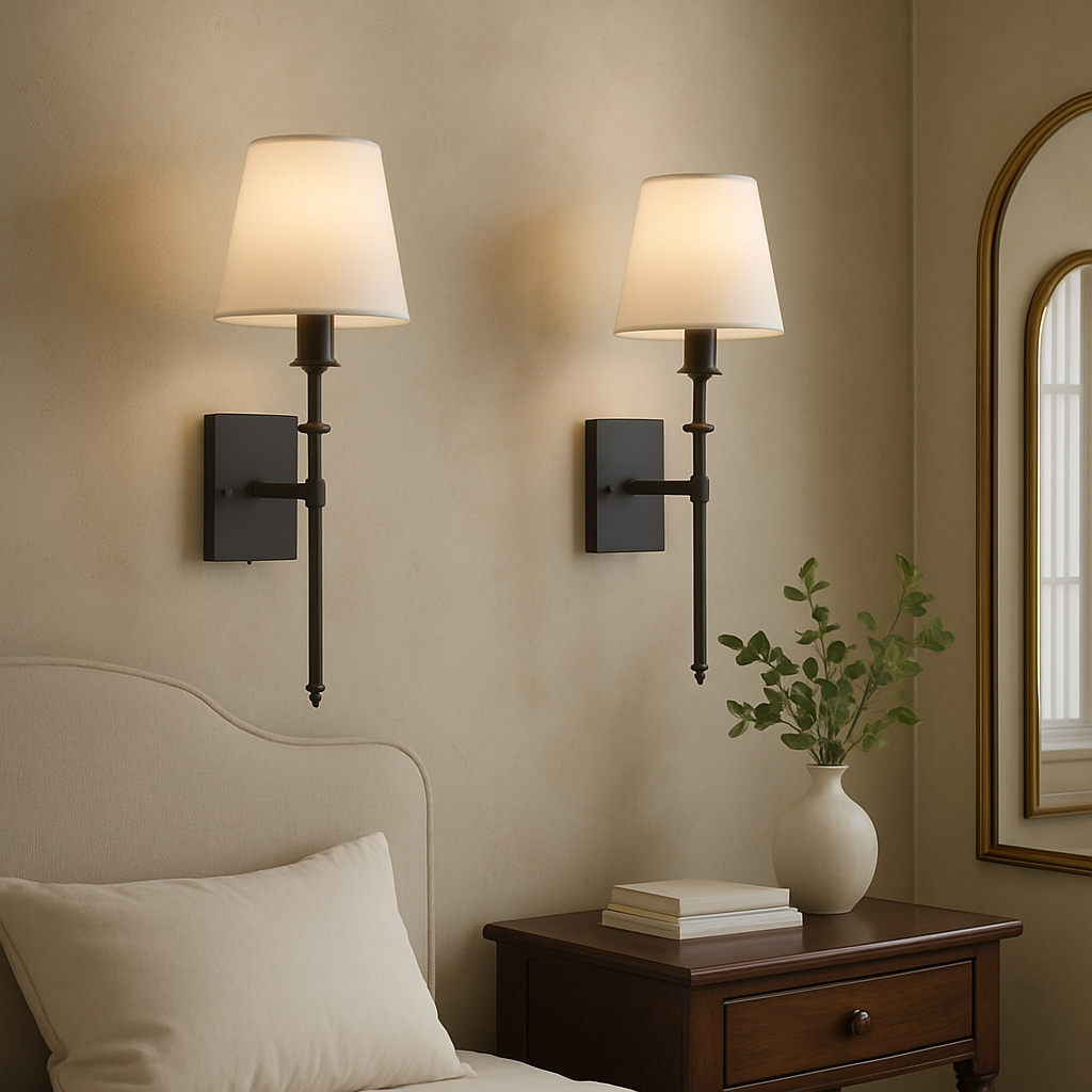 Wall Sconce Set of 2 Fabric Shade Hardwired Bedside Reading Light Hallway Bedroom