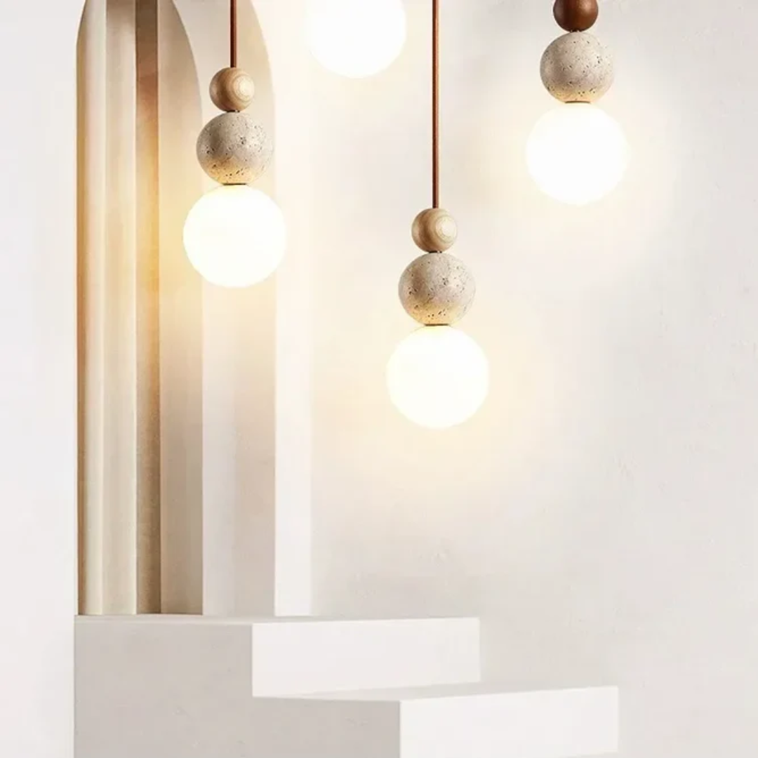 Pendant Light Travertine Sphere Glass Globe Wood Bead G9 Modern Kitchen Island