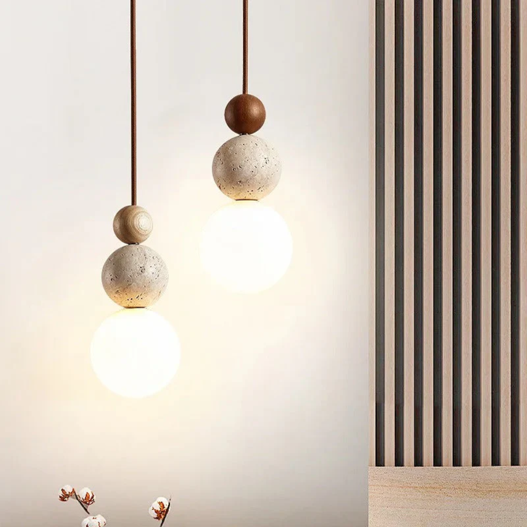 Pendant Light Travertine Sphere Glass Globe Wood Bead G9 Modern Kitchen Island