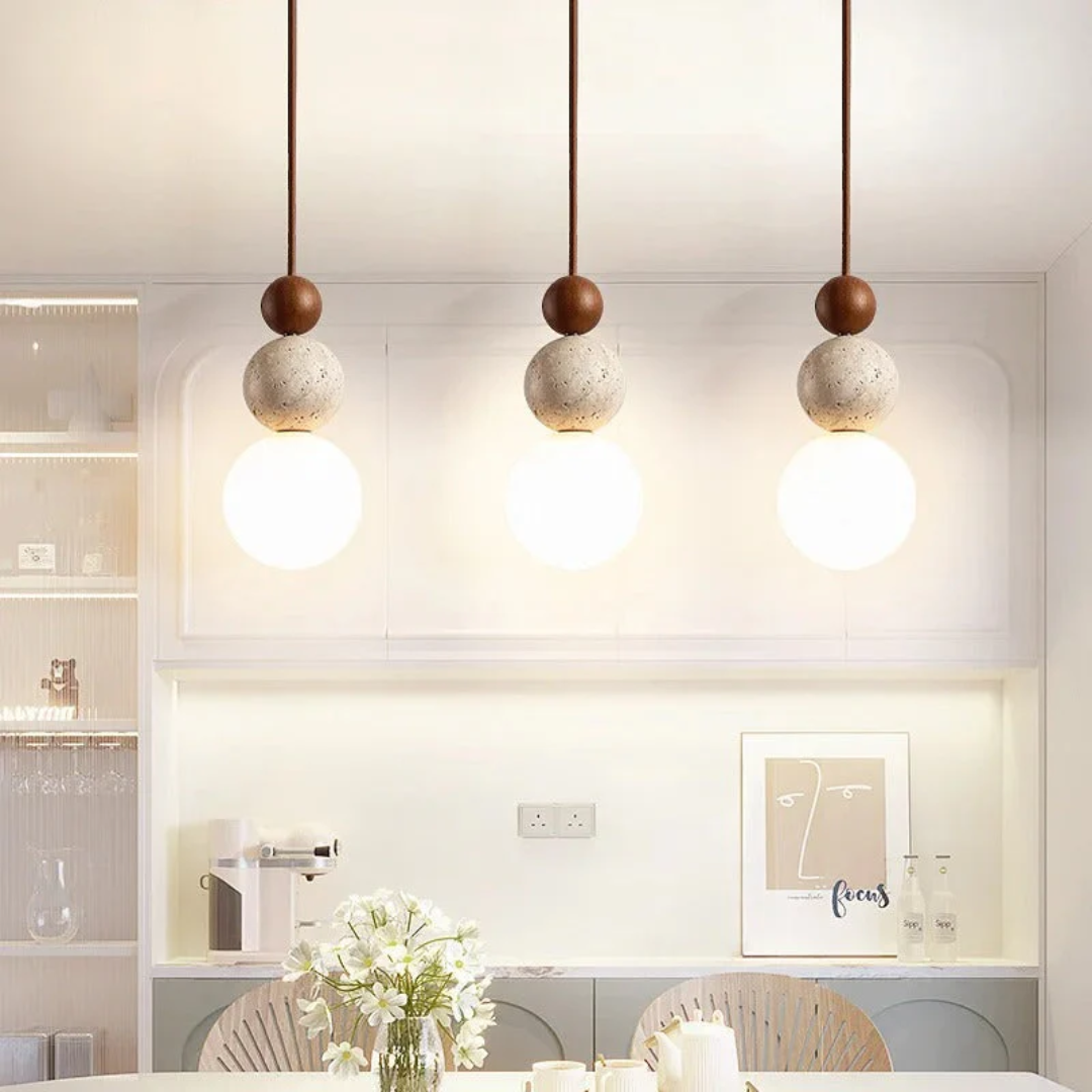 Pendant Light Travertine Sphere Glass Globe Wood Bead G9 Modern Kitchen Island