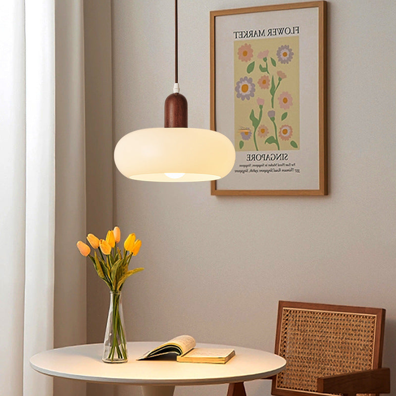 Cream Glass and Wood Pendant Light E27 Adjustable Cable