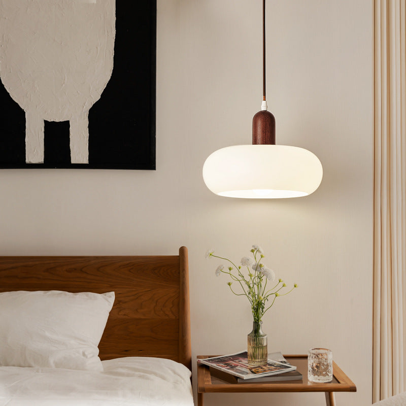 Cream Glass and Wood Pendant Light E27 Adjustable Cable