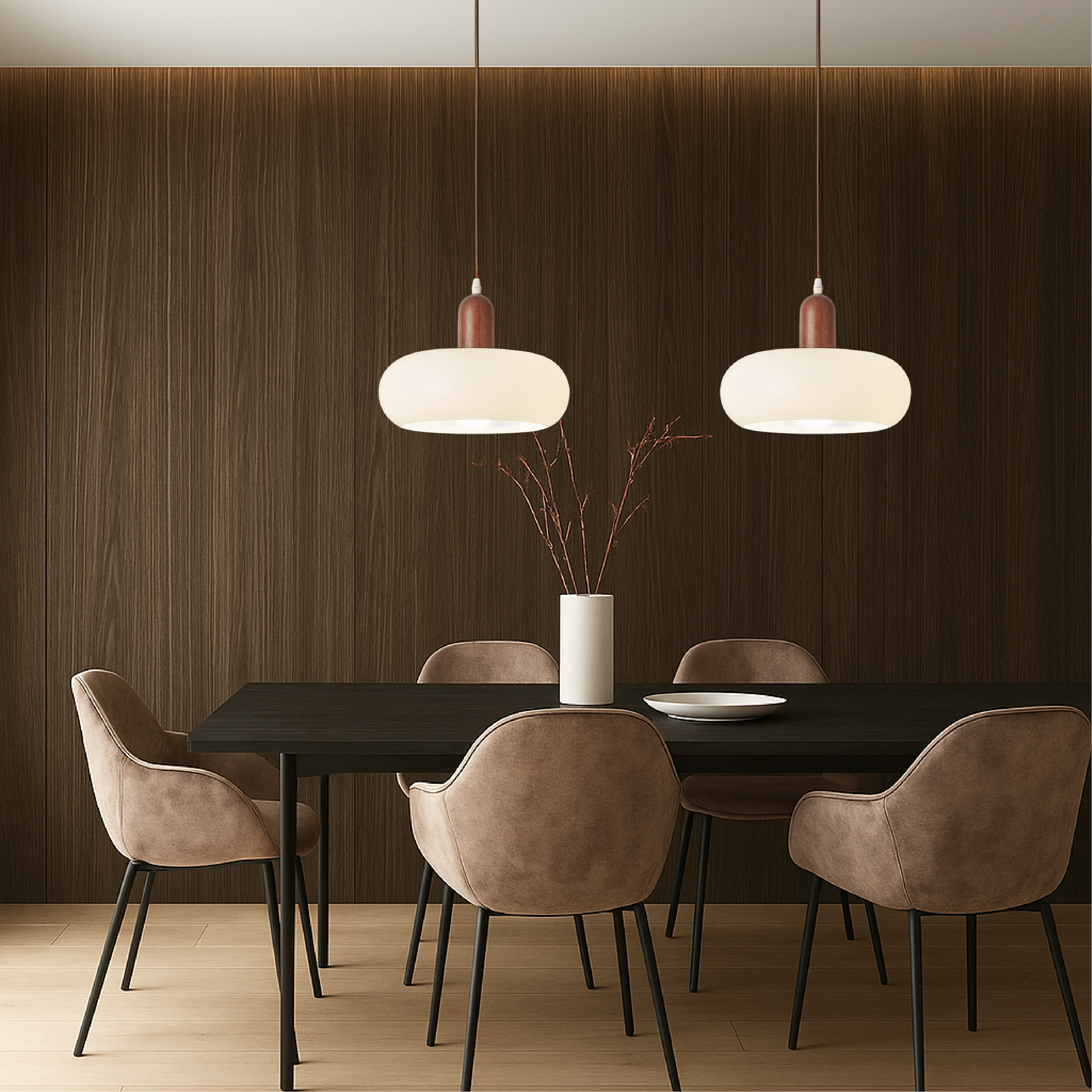 Cream Glass and Wood Pendant Light E27 Adjustable Cable