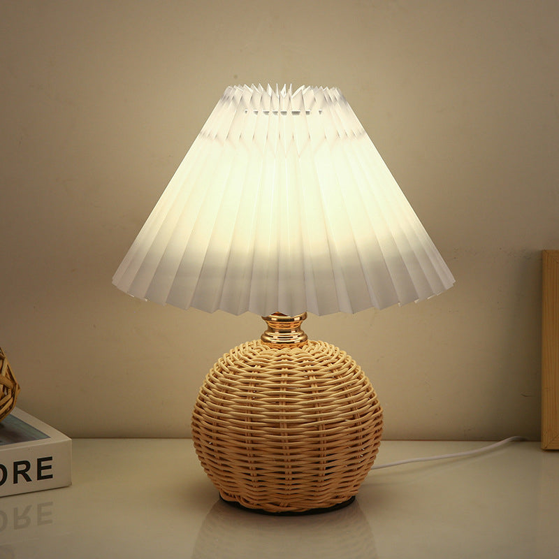 Rattan Table Lamp with Pleated Shade USB Dimmable LED