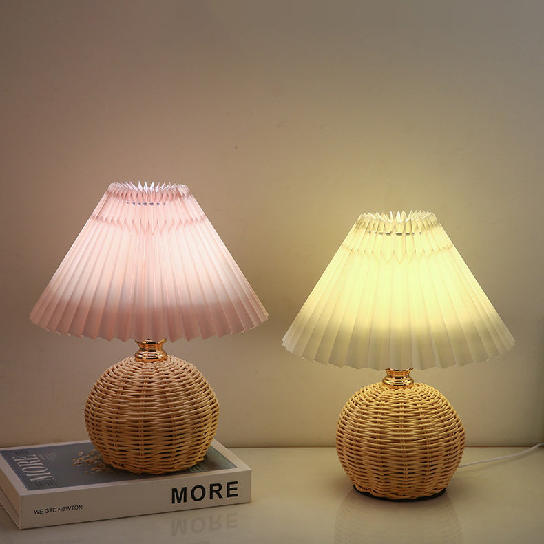 Rattan Table Lamp with Pleated Shade USB Dimmable LED