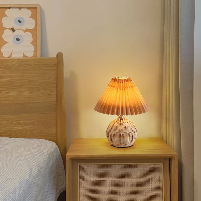 Rattan Table Lamp with Pleated Shade USB Dimmable LED