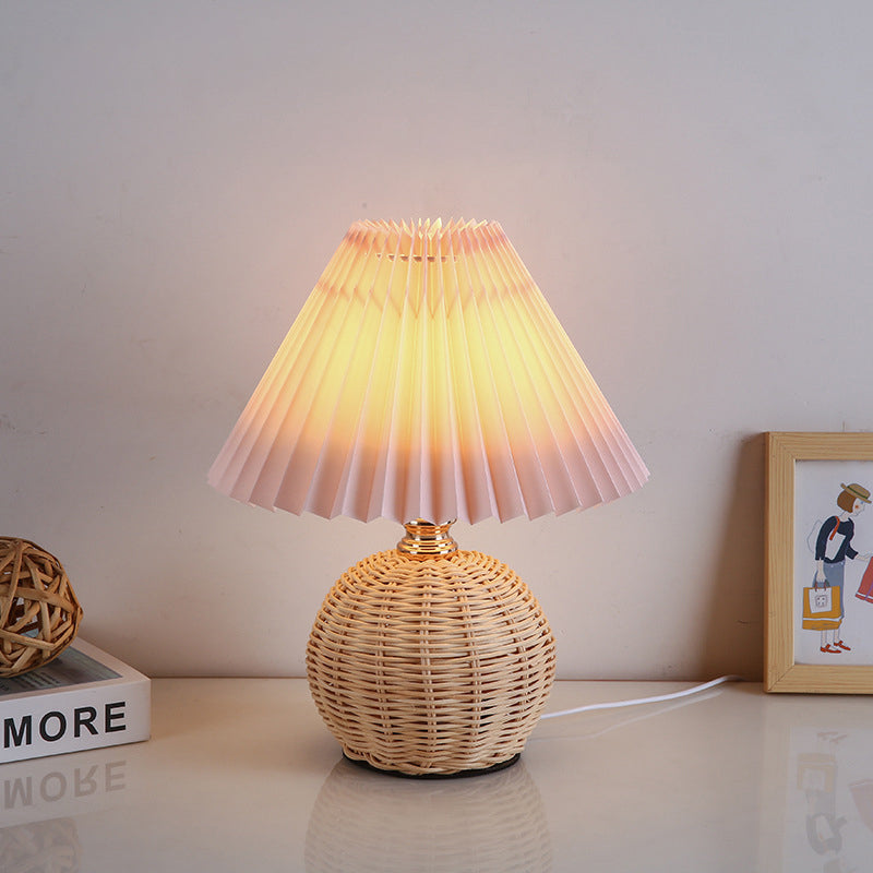 Rattan Table Lamp with Pleated Shade USB Dimmable LED