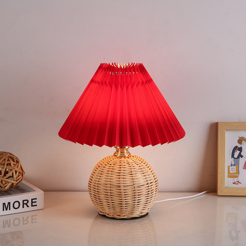 Rattan Table Lamp with Pleated Shade USB Dimmable LED