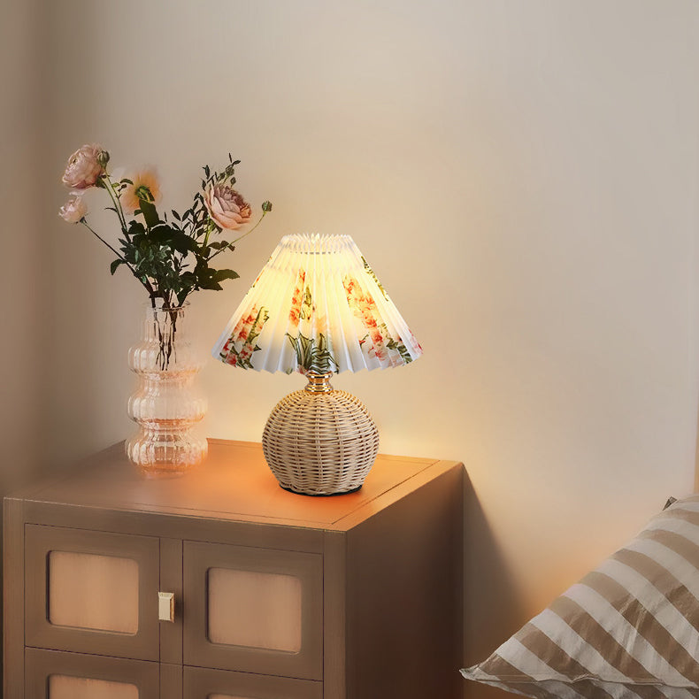 Rattan Table Lamp with Pleated Shade USB Dimmable LED