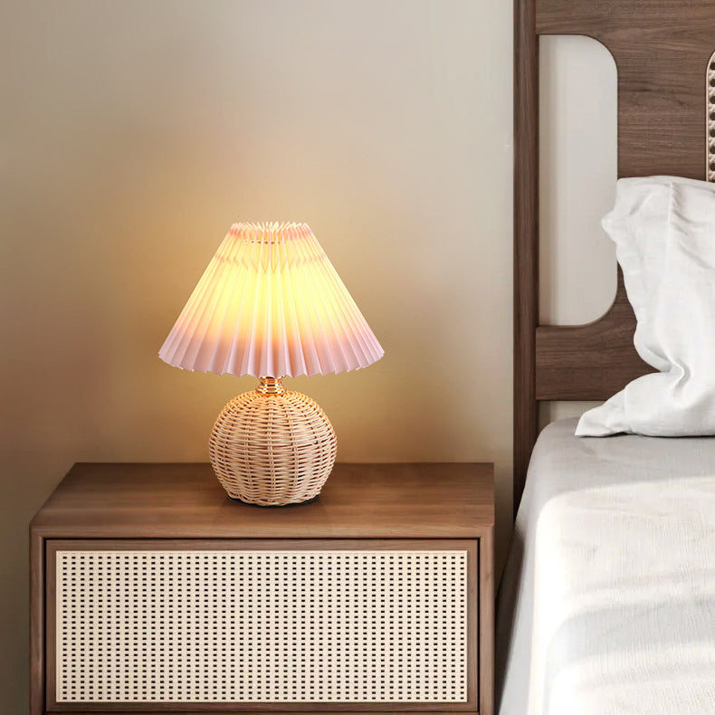 Rattan Table Lamp with Pleated Shade USB Dimmable LED
